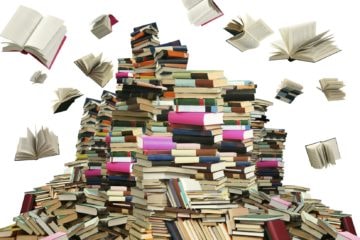 This is books scramble. Many books on white background.